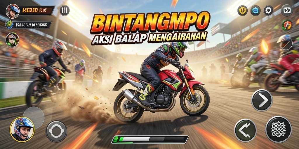 Screenshot gameplay BINTANGMPO dengan mobil balap sedang melaju kencang.