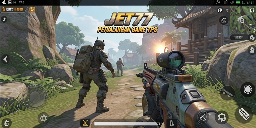 Screenshot gameplay JET77 menampilkan aksi pertempuran intens di lingkungan yang dinamis.