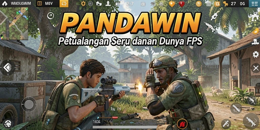 Screenshot utama PANDAWIN menampilkan aksi seru dalam pertempuran FPS.
