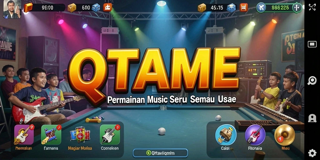 Tampilan gameplay QTGAME yang menarik dan interaktif dengan musik yang meriah.